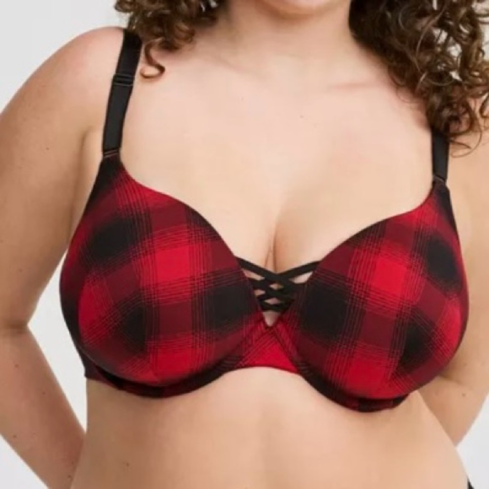 Torrid XO Plunge Push-up Red and Black Plaid Bra 40 DDD - Picture 2 of 4
